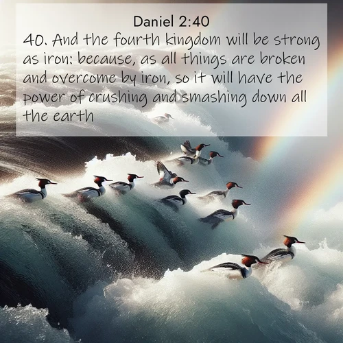 BasicEnglish Daniel  ; image nature: image with the bible verse :And the fourth kingdom will be strong as iron: because, as all things are broken and overcome by iron, so it will have the power of crushing and smashing down all the earth. ; Explore Bible verses paired with beach photos, where waves gently crash on the sand and the sky glows with pastel hues at sunset. These scenes convey deep serenity. Download verses like KJV Daniel 2:40. Current verse is overlayed with the thematic nature scene : Wild mergansers ride white water rapids. Spray creates endless rainbows. ; 2:40