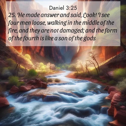 BasicEnglish Daniel  ; image nature: image with the bible verse :He made answer and said, Look! I see four men loose, walking in the middle of the fire, and they are not damaged; and the form of the fourth is like a son of the gods. ; Download stunning Bible verse images paired with nature scenes like rolling clouds, sparkling waters, and vibrant flower fields. These free images are perfect for spiritual reflection or wallpaper use. Share KJV Daniel 3:25. Current verse is overlayed with the thematic nature scene : Spring floods transform a desert canyon into a rushing river. ; 3:25