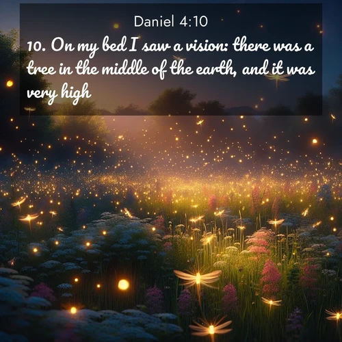 BasicEnglish Daniel  ; image nature: image with the bible verse :On my bed I saw a vision: there was a tree in the middle of the earth, and it was very high. ; Browse beautiful Bible verse images accompanied by peaceful scenes like calm seas, ancient forests, and radiant horizons. Download high-quality, free images featuring verses such as KJV Daniel 4:10. Current verse is overlayed with the thematic nature scene : Fireflies dance above a spring meadow filled with singing crickets. ; 4:10