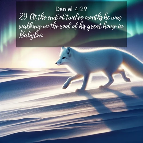 BasicEnglish Daniel  ; image nature: image with the bible verse :At the end of twelve months he was walking on the roof of his great house in Babylon. ; Explore Bible verses paired with beach photos, where waves gently crash on the sand and the sky glows with pastel hues at sunset. These scenes convey deep serenity. Download verses like KJV Daniel 4:29. Current verse is overlayed with the thematic nature scene : An arctic fox hunts across windswept tundra. Northern lights paint its white coat in pastels. ; 4:29