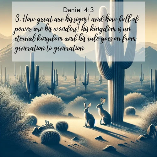 BasicEnglish Daniel  ; image nature: image with the bible verse :How great are his signs! and how full of power are his wonders! his kingdom is an eternal kingdom and his rule goes on from generation to generation. ; Browse our collection of vibrant Bible verse images set against calming backdrops like tropical shores, quiet woods, and majestic mountains. Download free wallpapers featuring KJV Daniel 4:3. Current verse is overlayed with the thematic nature scene : Desert jackrabbits pause in saguaro shade. Heat waves distort distant peaks. ; 4:3