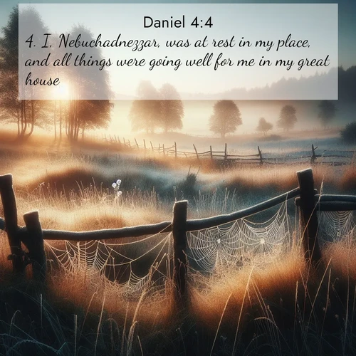 BasicEnglish Daniel  ; image nature: image with the bible verse :I, Nebuchadnezzar, was at rest in my place, and all things were going well for me in my great house: ; Browse our selection of stunning Bible verse images featuring unique natural scenes like fiery autumn forests, serene meadows, and starlit skies. Download and share verses like KJV Daniel 4:4 for free. Current verse is overlayed with the thematic nature scene : Morning frost coats spider webs stretched between fence posts in a country meadow. ; 4:4