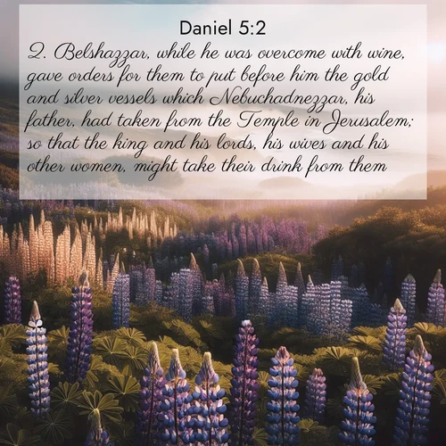 BBE Daniel 5:2 overlaying nature image scene: Wild lupines carpet a coastal meadow. Ocean fog rolls in on silent feet.;2. Belshazzar, while he was overcome with wine, gave orders for them to put before him the gold and silver vessels which Nebuchadnezzar, his father, had taken from the Temple in Jerusalem; so that the king and his lords, his wives and his other women, might take their drink from them.