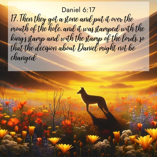BasicEnglish Daniel  ; image nature: image with the bible verse :Then they got a stone and put it over the mouth of the hole, and it was stamped with the king&#039;s stamp and with the stamp of the lords, so that the decision about Daniel might not be changed. ; Discover our unique collection of Bible verse images integrated with photos showcasing the majesty of nature, such as rocky mountains, ancient trees, and crystal-clear lakes. These images feature luminous colors and text in varied fonts, reflecting the harmony of God&#039;s creation. Download verses like KJV Daniel 6:17. Current verse is overlayed with the thematic nature scene : Spring wildflowers carpet Death Valley in gold. A coyote&#039;s silhouette melts into the blooms. ; 6:17