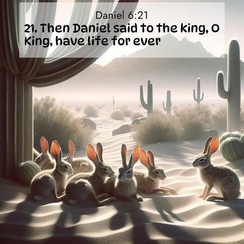 BasicEnglish Daniel  ; image nature: image with the bible verse :Then Daniel said to the king, O King, have life for ever. ; Download stunning Bible verse images paired with nature scenes like rolling clouds, sparkling waters, and vibrant flower fields. These free images are perfect for spiritual reflection or wallpaper use. Share KJV Daniel 6:21. Current verse is overlayed with the thematic nature scene : Desert jackrabbits rest in cactus shade. Heat waves distort distant peaks. ; 6:21