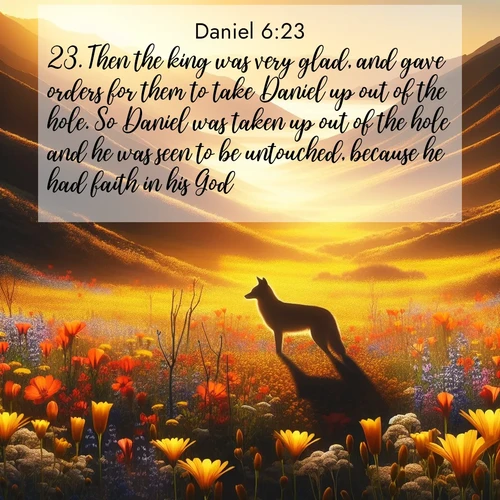 BasicEnglish Daniel  ; image nature: image with the bible verse :Then the king was very glad, and gave orders for them to take Daniel up out of the hole. So Daniel was taken up out of the hole and he was seen to be untouched, because he had faith in his God. ; Discover our unique collection of Bible verse images integrated with photos showcasing the majesty of nature, such as rocky mountains, ancient trees, and crystal-clear lakes. These images feature luminous colors and text in varied fonts, reflecting the harmony of God&#039;s creation. Download verses like KJV Daniel 6:23. Current verse is overlayed with the thematic nature scene : Spring wildflowers carpet Death Valley in gold. A coyote&#039;s silhouette melts into the blooms. ; 6:23