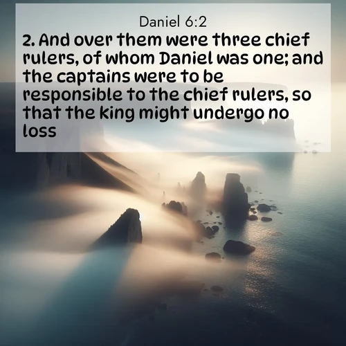 BasicEnglish Daniel  ; image nature: image with the bible verse :And over them were three chief rulers, of whom Daniel was one; and the captains were to be responsible to the chief rulers, so that the king might undergo no loss. ; Discover Bible verses beautifully integrated with natural scenes of varied seasons, featuring summer skies, winter snow, autumn leaves, and spring blooms. Each image captures the splendor and peace of God&#039;s creation. Share verses like KJV Daniel 6:2. Current verse is overlayed with the thematic nature scene : Coastal fog reveals and conceals seaside cliffs. ; 6:2