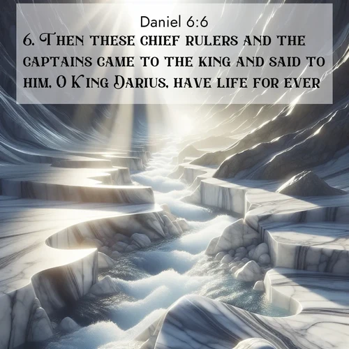 BasicEnglish Daniel  ; image nature: image with the bible verse :Then these chief rulers and the captains came to the king and said to him, O King Darius, have life for ever. ; Explore a collection of inspiring Bible verse images accompanied by winter photos, such as snowy landscapes, frosted trees, and frozen lakes. These images reflect the peace and purity of God&#039;s creation, with elegant fonts and luminous colors. Download and share verses like KJV Daniel 6:6. Current verse is overlayed with the thematic nature scene : Mountain streams carve marble smooth. Sunlight dances on clear pools. ; 6:6