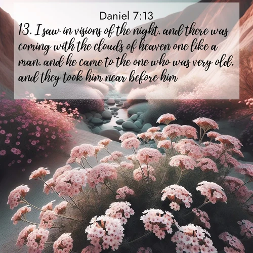 BasicEnglish Daniel  ; image nature: image with the bible verse :I saw in visions of the night, and there was coming with the clouds of heaven one like a man, and he came to the one who was very old, and they took him near before him. ; Explore Bible verse images highlighting the beauty of spring, with vibrant flowers, butterflies, and blossoming fruit trees. These scenes evoke divine hope and renewal. Download inspiring verses like KJV Daniel 7:13. Current verse is overlayed with the thematic nature scene : Desert verbena blooms in hidden washes. Flash floods carved these secret gardens. ; 7:13