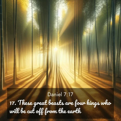 BasicEnglish Daniel  ; image nature: image with the bible verse :These great beasts are four kings who will be cut off from the earth. ; Discover beautiful Bible verse images that combine inspiring scripture with captivating nature photos. Download high-quality images featuring lush valleys, peaceful streams, and endless horizons like KJV Daniel 7:17. Current verse is overlayed with the thematic nature scene : Morning mist parts to reveal a pristine bamboo grove. Golden light filters through the stems, casting striped shadows. ; 7:17