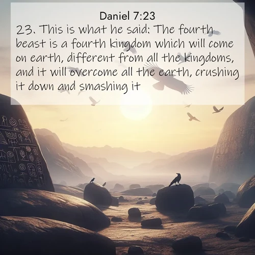 BasicEnglish Daniel  ; image nature: image with the bible verse :This is what he said: The fourth beast is a fourth kingdom which will come on earth, different from all the kingdoms, and it will overcome all the earth, crushing it down and smashing it. ; Discover beautiful Bible verse images enriched with natural landscapes, from serene beaches to cascading waterfalls. All images are free and ready to download. Share verses such as KJV Daniel 7:23. Current verse is overlayed with the thematic nature scene : Desert petroglyphs tell ancient stories. Ravens soar past wearing shadows for wings. ; 7:23