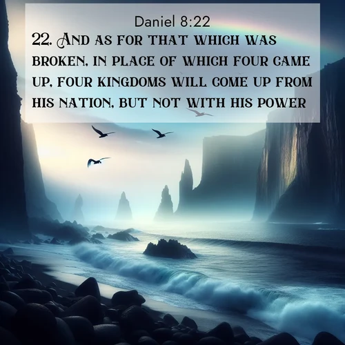 BasicEnglish Daniel  ; image nature: image with the bible verse :And as for that which was broken, in place of which four came up, four kingdoms will come up from his nation, but not with his power. ; Browse Bible images illustrated by desert landscapes, with endless skies, golden dunes, and isolated palm trees. These images evoke the calm and grandeur of God&#039;s creation. Download inspiring verses like KJV Daniel 8:22. Current verse is overlayed with the thematic nature scene : Ocean waves crash against volcanic cliffs as seabirds wheel overhead, creating momentary rainbows. ; 8:22