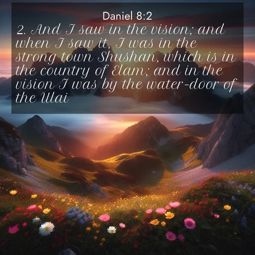BasicEnglish Daniel  ; image nature: image with the bible verse :And I saw in the vision; and when I saw it, I was in the strong town Shushan, which is in the country of Elam; and in the vision I was by the water-door of the Ulai. ; Explore a collection of free Bible verse images paired with serene landscapes like golden beaches, verdant forests, and clear blue skies. Each image is ideal for desktop or phone wallpapers. Share verses like KJV Daniel 8:2. Current verse is overlayed with the thematic nature scene : Jagged peaks pierce through low-hanging clouds at sunrise. Alpine flowers dot the meadow below with splashes of color. ; 8:2