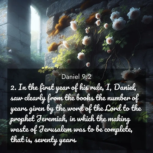 BBE Daniel 9:2 overlaying nature image scene: Wild roses climb abandoned stone walls. Time stands still in the secret garden.;2. In the first year of his rule, I, Daniel, saw clearly from the books the number of years given by the word of the Lord to the prophet Jeremiah, in which the making waste of Jerusalem was to be complete, that is, seventy years.