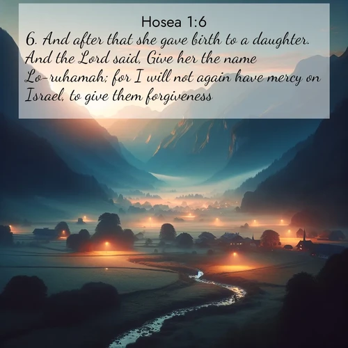 BasicEnglish Hosea  ; image nature: image with the bible verse :And after that she gave birth to a daughter. And the Lord said, Give her the name Lo-ruhamah; for I will not again have mercy on Israel, to give them forgiveness. ; Explore Bible verses paired with beach photos, where waves gently crash on the sand and the sky glows with pastel hues at sunset. These scenes convey deep serenity. Download verses like KJV Hosea 1:6. Current verse is overlayed with the thematic nature scene : Morning mist rises from valley streams. Birdsong heralds the dawn chorus. ; 1:6