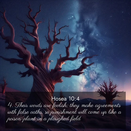 BasicEnglish Hosea  ; image nature: image with the bible verse :Their words are foolish; they make agreements with false oaths, so punishment will come up like a poison-plant in a ploughed field. ; Explore an inspiring selection of Bible verse images adorned with nature photos, such as starry skies, verdant hills, and golden beaches. Each image reflects the peace and beauty of God&#039;s creation with vibrant colors and varied fonts. Share uplifting verses like KJV Hosea 10:4. Current verse is overlayed with the thematic nature scene : Ancient bristlecone pines twist toward stars. Time stands still in their presence. ; 10:4