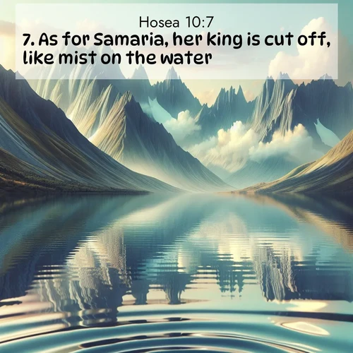 BasicEnglish Hosea  ; image nature: image with the bible verse :As for Samaria, her king is cut off, like mist on the water. ; Discover Bible verse images capturing the warmth of summer, with beach landscapes, sunlit fields, and clear skies. These bright scenes reflect divine joy. Share verses like KJV Hosea 10:7. Current verse is overlayed with the thematic nature scene : Mountain lakes mirror perfect peaks. Wind ripples shatter reflections. ; 10:7