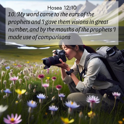 BBE Hosea 12:10 overlaying nature image scene: A naturalist photographs rare blooms. Alpine winds toss wildflower meadows.;10. My word came to the ears of the prophets and I gave them visions in great number, and by the mouths of the prophets I made use of comparisons.
