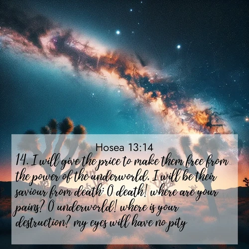 BasicEnglish Hosea  ; image nature: image with the bible verse :I will give the price to make them free from the power of the underworld, I will be their saviour from death: O death! where are your pains? O underworld! where is your destruction? my eyes will have no pity. ; Browse our collection of Bible verses paired with captivating photos of God’s creation, like crystal-clear lakes, majestic cliffs, and colorful skies. All images are free for download and sharing. Verse examples include KJV Hosea 13:14. Current verse is overlayed with the thematic nature scene : Joshua trees reach twisted arms to desert stars. The Milky Way arcs overhead like a river of light. ; 13:14