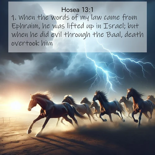 BasicEnglish Hosea  ; image nature: image with the bible verse :When the words of my law came from Ephraim, he was lifted up in Israel; but when he did evil through the Baal, death overtook him. ; Explore a unique collection of Bible verses illustrated by winter landscapes, such as snowy mountains, frosty forests, and starry skies. These images capture the peace and beauty of winter. Share verses like KJV Hosea 13:1. Current verse is overlayed with the thematic nature scene : Wild horses race approaching storms. Lightning illuminates their power. ; 13:1