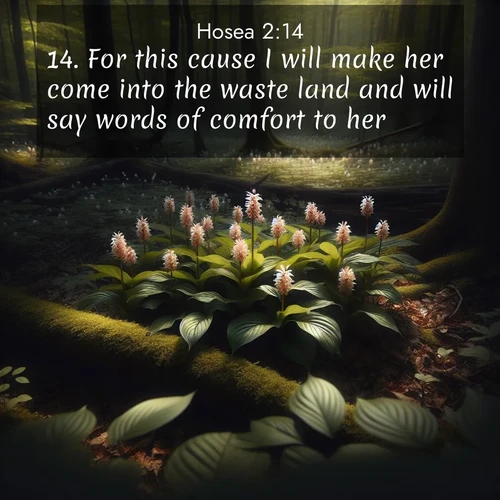 BasicEnglish Hosea  ; image nature: image with the bible verse :For this cause I will make her come into the waste land and will say words of comfort to her. ; Discover beautiful Bible verse images enriched with natural landscapes, from serene beaches to cascading waterfalls. All images are free and ready to download. Share verses such as KJV Hosea 2:14. Current verse is overlayed with the thematic nature scene : Wild ginger blooms hidden in forest shadows. Filtered sunlight reveals their secret beauty. ; 2:14