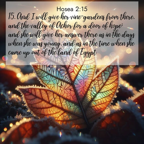 BBE Hosea 2:15 overlaying nature image scene: Frost crystals form intricate patterns on a fallen leaf. Morning sun transforms them into rainbow prisms.;15. And I will give her vine-gardens from there, and the valley of Achor for a door of hope; and she will give her answer there as in the days when she was young, and as in the time when she came up out of the land of Egypt.