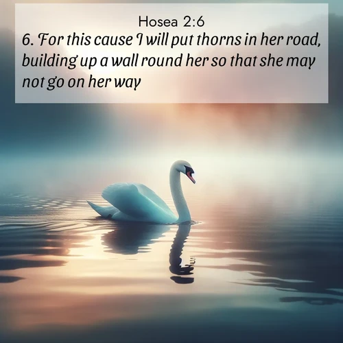 BBE Hosea 2:6 overlaying nature image scene: A single swan glides across a misty lake. Dawn paints the water in pastels.;6. For this cause I will put thorns in her road, building up a wall round her so that she may not go on her way.