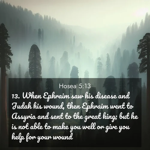 BasicEnglish Hosea  ; image nature: image with the bible verse :When Ephraim saw his disease and Judah his wound, then Ephraim went to Assyria and sent to the great king; but he is not able to make you well or give you help for your wound. ; Dive into a gallery of Bible verses illustrated by tropical beach scenes, featuring sparkling waves, seashells, and radiant sunrises. These images evoke divine peace and joy. Download and share inspiring verses like KJV Hosea 5:13. Current verse is overlayed with the thematic nature scene : Ancient sequoias pierce through valley fog. Centuries of growth reach for filtered light. ; 5:13