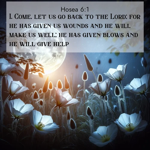 BasicEnglish Hosea  ; image nature: image with the bible verse :Come, let us go back to the Lord; for he has given us wounds and he will make us well; he has given blows and he will give help. ; Browse Bible images illustrated by desert landscapes, with endless skies, golden dunes, and isolated palm trees. These images evoke the calm and grandeur of God&#039;s creation. Download inspiring verses like KJV Hosea 6:1. Current verse is overlayed with the thematic nature scene : Moonflowers open to the rising full moon. Night insects hum in harmony. ; 6:1