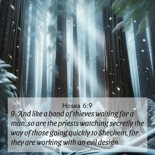 BasicEnglish Hosea  ; image nature: image with the bible verse :And like a band of thieves waiting for a man, so are the priests watching secretly the way of those going quickly to Shechem, for they are working with an evil design. ; Explore a rich collection of Bible verse images beautifully illustrated by natural landscapes, such as colorful skies, towering mountains, and tranquil rivers. The images highlight the serenity of God&#039;s creation with vivid tones and carefully chosen typography. Download and share inspiring verses like KJV Hosea 6:9. Current verse is overlayed with the thematic nature scene : Snow falls silently on ancient redwoods. Shafts of light pierce through to illuminate the forest floor. ; 6:9