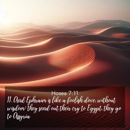 BBE Hosea 7:11 overlaying nature image scene: Desert wind sculpts abstract patterns in red sand.;11. And Ephraim is like a foolish dove, without wisdom; they send out their cry to Egypt, they go to Assyria.