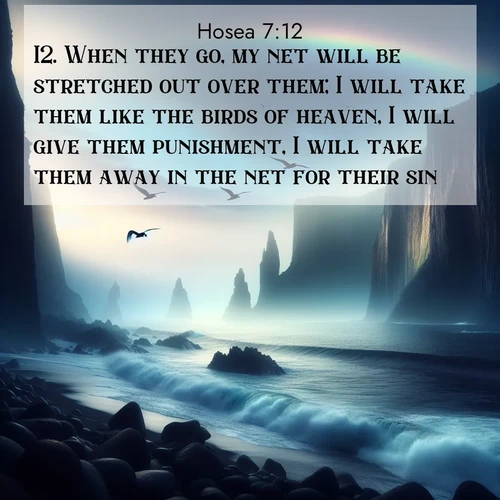 BBE Hosea 7:12 overlaying nature image scene: Ocean waves crash against volcanic cliffs as seabirds wheel overhead, creating momentary rainbows.;12. When they go, my net will be stretched out over them; I will take them like the birds of heaven, I will give them punishment, I will take them away in the net for their sin.