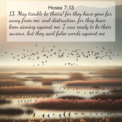 BBE Hosea 7:13 overlaying nature image scene: Spring migration fills marshlands with calling birds.;13. May trouble be theirs! for they have gone far away from me; and destruction, for they have been sinning against me; I was ready to be their saviour, but they said false words against me.