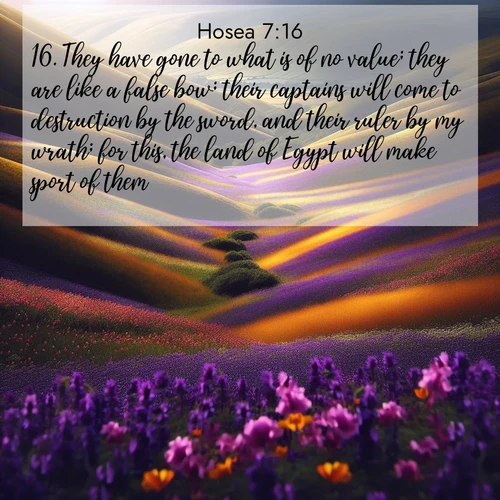 BBE Hosea 7:16 overlaying nature image scene: Spring wildflowers carpet rolling hills in purple and gold.;16. They have gone to what is of no value; they are like a false bow; their captains will come to destruction by the sword, and their ruler by my wrath; for this, the land of Egypt will make sport of them.