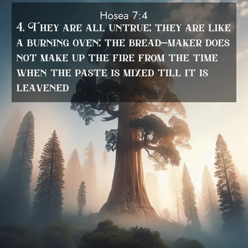 BBE Hosea 7:4 overlaying nature image scene: A giant sequoia reaches through morning fog. Centuries of growth stretch skyward in silent majesty.;4. They are all untrue; they are like a burning oven; the bread-maker does not make up the fire from the time when the paste is mixed till it is leavened.
