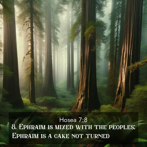 BBE Hosea 7:8 overlaying nature image scene: Coastal redwoods disappear into the fog high above a fern grove.;8. Ephraim is mixed with the peoples; Ephraim is a cake not turned.