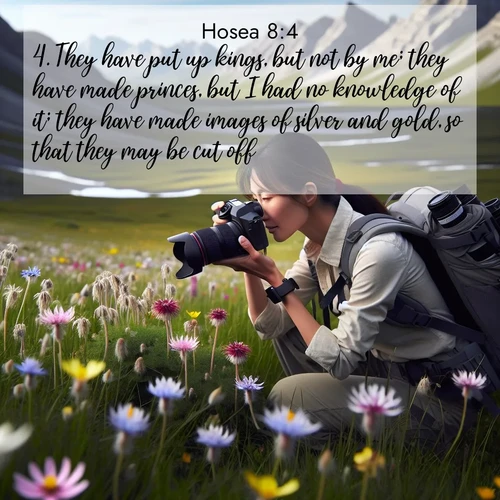 BBE Hosea 8:4 overlaying nature image scene: A naturalist photographs rare blooms. Alpine winds toss wildflower meadows.;4. They have put up kings, but not by me; they have made princes, but I had no knowledge of it; they have made images of silver and gold, so that they may be cut off.