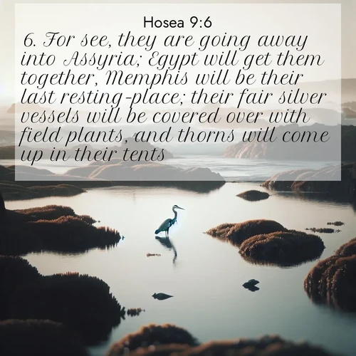 BBE Hosea 9:6 overlaying nature image scene: A great blue heron fishes in tidal pools. Waves crash on distant reefs.;6. For see, they are going away into Assyria; Egypt will get them together, Memphis will be their last resting-place; their fair silver vessels will be covered over with field plants, and thorns will come up in their tents.