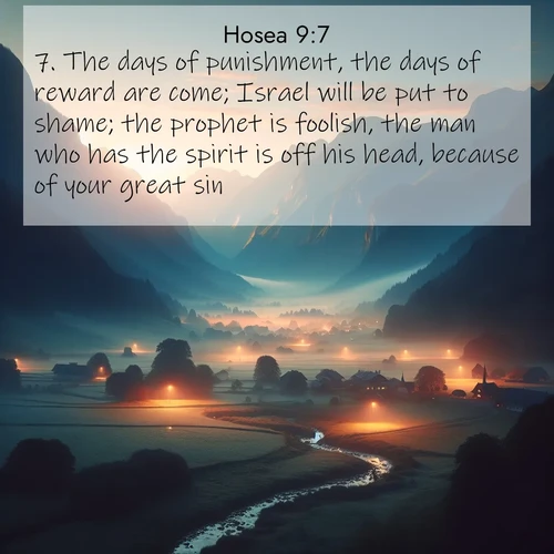 BasicEnglish Hosea  ; image nature: image with the bible verse :The days of punishment, the days of reward are come; Israel will be put to shame; the prophet is foolish, the man who has the spirit is off his head, because of your great sin. ; Explore a spring collection of Bible images, with landscapes of green hills, wildflowers, and crystal-clear streams. These images symbolize the blossoming of God&#039;s creation. Download verses like KJV Hosea 9:7. Current verse is overlayed with the thematic nature scene : Morning mist rises from valley streams. Birdsong heralds the dawn chorus. ; 9:7