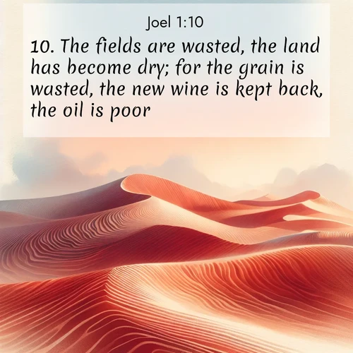 BasicEnglish Joel  ; image nature: image with the bible verse :The fields are wasted, the land has become dry; for the grain is wasted, the new wine is kept back, the oil is poor. ; Browse a large collection of Bible verse images with photos showcasing the splendor of nature. Scenes of peaceful rivers, verdant valleys, and radiant skies enhance the inspiring verses. Each image reflects the serenity and joy of God&#039;s creation, with elegant text fonts. Download and share verses such as KJV Joel 1:10. Current verse is overlayed with the thematic nature scene : Desert wind sculpts perfect ripples in red sand. Twilight paints the dunes in watercolor hues. ; 1:10
