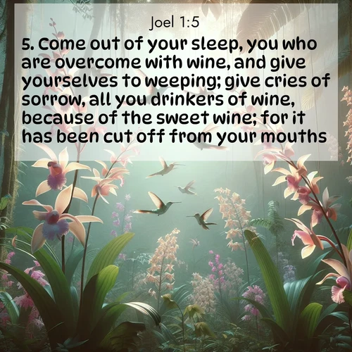 BasicEnglish Joel  ; image nature: image with the bible verse :Come out of your sleep, you who are overcome with wine, and give yourselves to weeping; give cries of sorrow, all you drinkers of wine, because of the sweet wine; for it has been cut off from your mouths. ; Admire Bible verse images capturing the beauty of beaches, with turquoise waters, palm trees, and peaceful shores. These soothing scenes reflect God&#039;s serenity and majesty. Download and share verses like KJV Joel 1:5. Current verse is overlayed with the thematic nature scene : Wild orchids bloom in rainforest canopy. Hummingbirds dance between delicate petals. ; 1:5
