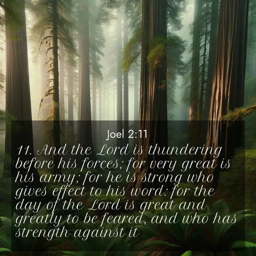 BBE Joel 2:11 overlaying nature image scene: Coastal redwoods disappear into the fog high above a fern grove.;11. And the Lord is thundering before his forces; for very great is his army; for he is strong who gives effect to his word: for the day of the Lord is great and greatly to be feared, and who has strength against it?