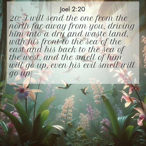 BBE Joel 2:20 overlaying nature image scene: Wild orchids bloom in rainforest canopy. Hummingbirds dance between delicate petals.;20. I will send the one from the north far away from you, driving him into a dry and waste land, with his front to the sea of the east and his back to the sea of the west, and the smell of him will go up, even his evil smell will go up.
