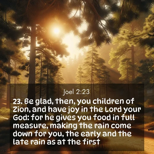 BBE Joel 2:23 overlaying nature image scene: Summer heat brings out the scent of pine needles.;23. Be glad, then, you children of Zion, and have joy in the Lord your God: for he gives you food in full measure, making the rain come down for you, the early and the late rain as at the first.