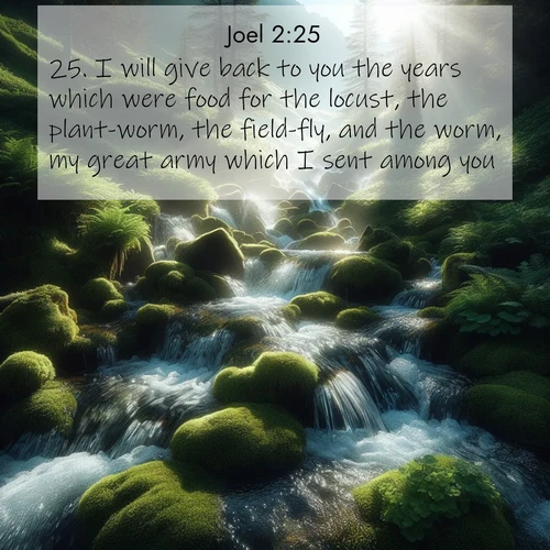 BBE Joel 2:25 overlaying nature image scene: Mountain streams tumble through moss. Sunlight creates crystal prisms.;25. I will give back to you the years which were food for the locust, the plant-worm, the field-fly, and the worm, my great army which I sent among you.