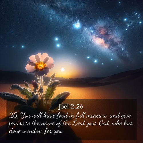 BBE Joel 2:26 overlaying nature image scene: Desert primrose opens to stars. Night wind carries sweet perfume.;26. You will have food in full measure, and give praise to the name of the Lord your God, who has done wonders for you: