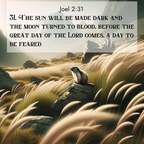 BBE Joel 2:31 overlaying nature image scene: Mountain meadow grasses bend in alpine wind. Marmots whistle warnings from rocky outcrops.;31. The sun will be made dark and the moon turned to blood, before the great day of the Lord comes, a day to be feared.