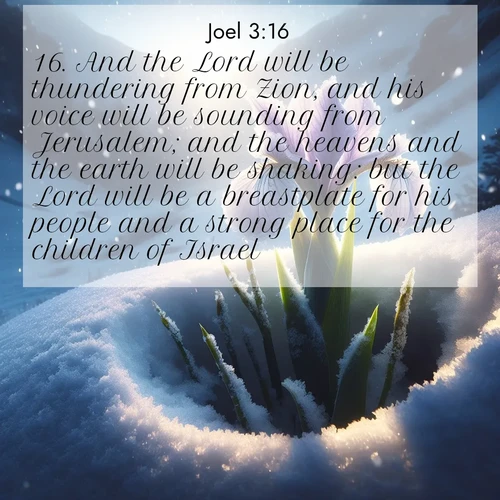 BasicEnglish Joel  ; image nature: image with the bible verse :And the Lord will be thundering from Zion, and his voice will be sounding from Jerusalem; and the heavens and the earth will be shaking: but the Lord will be a breastplate for his people and a strong place for the children of Israel. ; Browse a gallery of Bible verses paired with summer scenes, such as golden wheat fields, bright skies, and sunny beaches. These images convey the joy and warmth of God&#039;s creation. Download and share verses like KJV Joel 3:16. Current verse is overlayed with the thematic nature scene : Wild iris breaks through spring snow. Alpine light ignites petals. ; 3:16