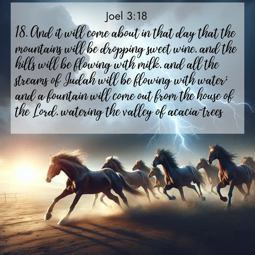 BasicEnglish Joel  ; image nature: image with the bible verse :And it will come about in that day that the mountains will be dropping sweet wine, and the hills will be flowing with milk, and all the streams of Judah will be flowing with water; and a fountain will come out from the house of the Lord, watering the valley of acacia-trees. ; Explore a collection of free Bible verse images paired with serene landscapes like golden beaches, verdant forests, and clear blue skies. Each image is ideal for desktop or phone wallpapers. Share verses like KJV Joel 3:18. Current verse is overlayed with the thematic nature scene : Wild horses race approaching storms. Lightning illuminates their power. ; 3:18