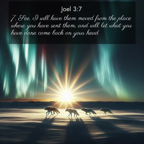 BasicEnglish Joel  ; image nature: image with the bible verse :See, I will have them moved from the place where you have sent them, and will let what you have done come back on your head; ; Explore our gallery of inspiring Bible verse images showcasing divine beauty through nature. Download scenic images like snowy peaks, lush meadows, or radiant sunsets paired with verses like KJV Joel 3:7. Current verse is overlayed with the thematic nature scene : Arctic wolves traverse windswept tundra. Northern lights paint their fur in shifting colors. ; 3:7